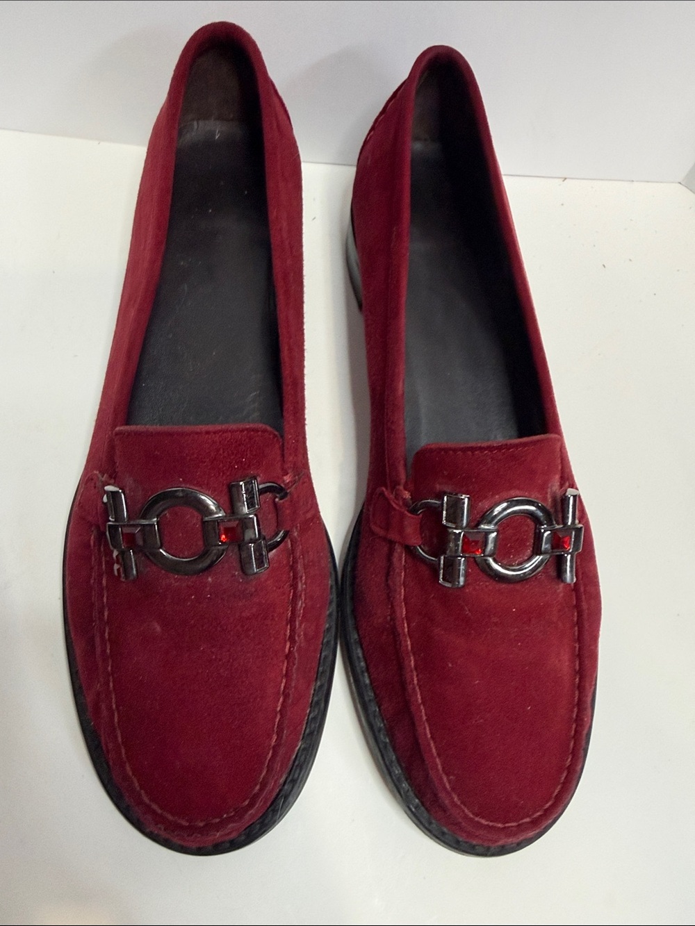 Stuart Weitzman Burgundy Suede Loafers Crystal Horsebit Accent Size 9